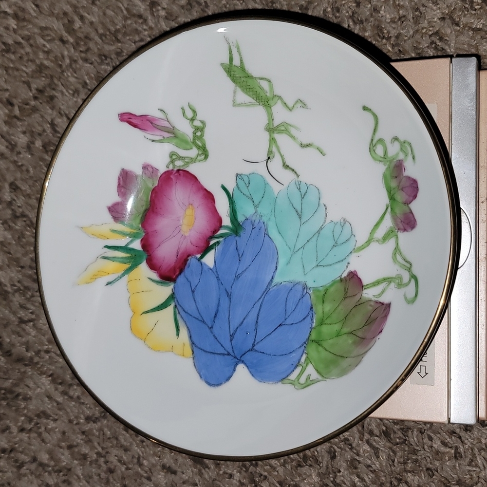 Ceramic hand painted dish wall decor floral praying mantis foil back unique